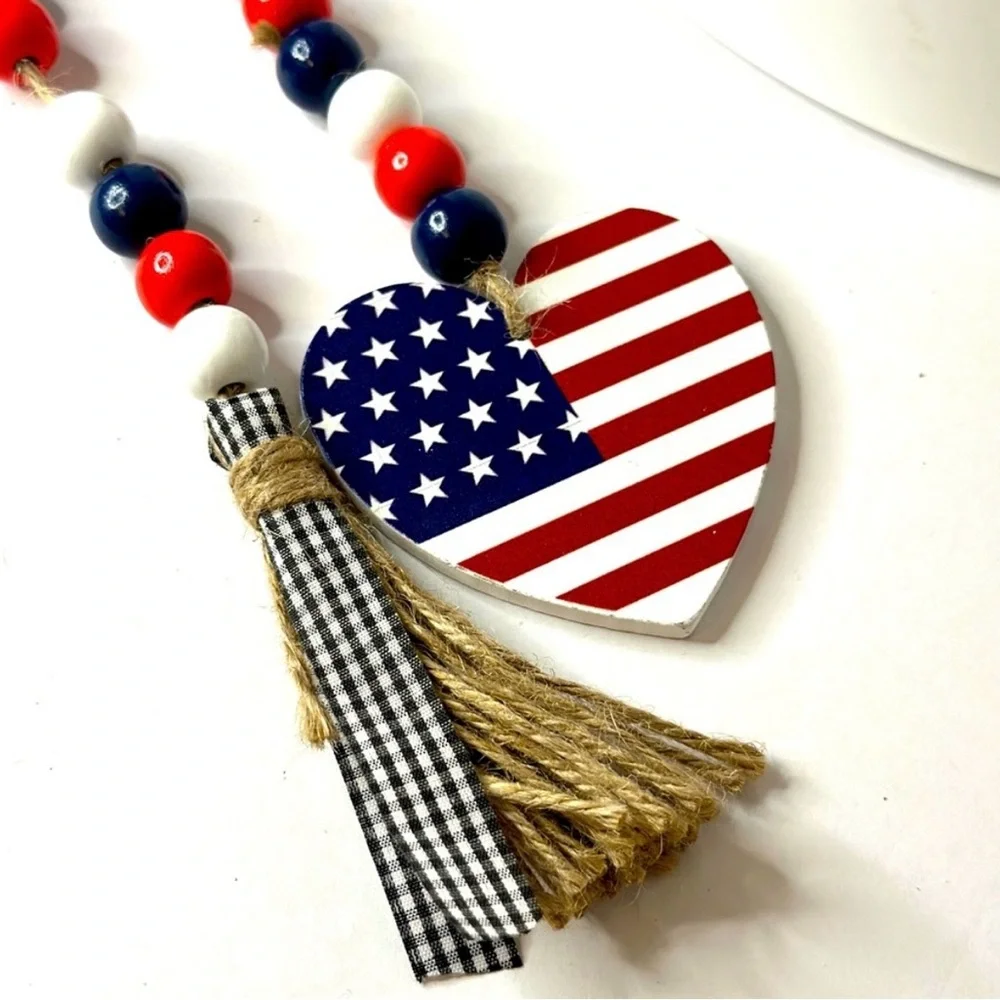 Handcrafted Patriotic Heart Beaded Garland & Gnome Shelf Decor 4 piece set